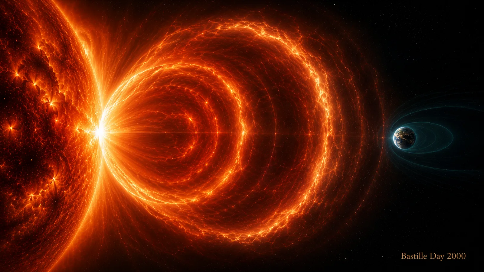 Cinematic illustration: a clean, symmetric full-halo CME expands as concentric plasma shells toward Earth — the 2000 Bastille Day storm.