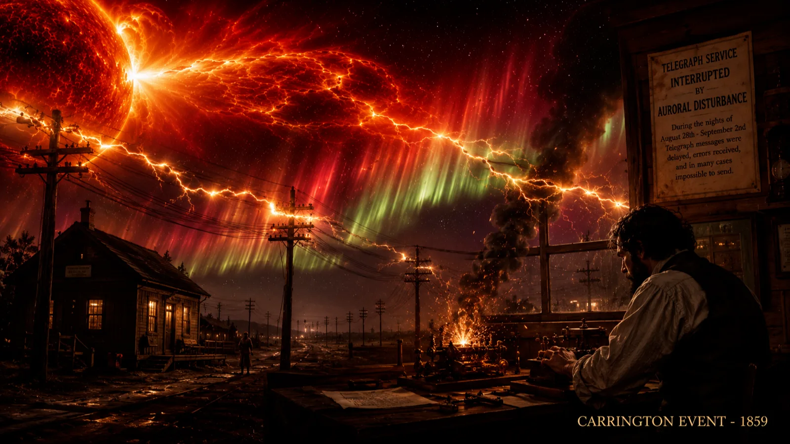 Cinematic illustration: a telegraph operator works beneath a sky ablaze with red and green aurora while sparks arc along the telegraph wires; a notice on the wall reads 'Telegraph service interrupted by auroral disturbance' — the 1859 Carrington Event.