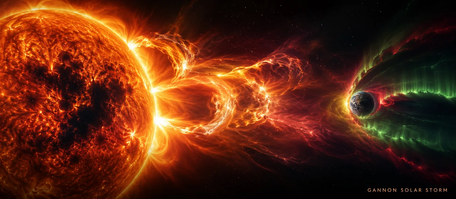 Cinematic illustration: a giant sunspot region launches multiple coronal mass ejections toward an aurora-wrapped Earth — the May 2024 Gannon Storm.