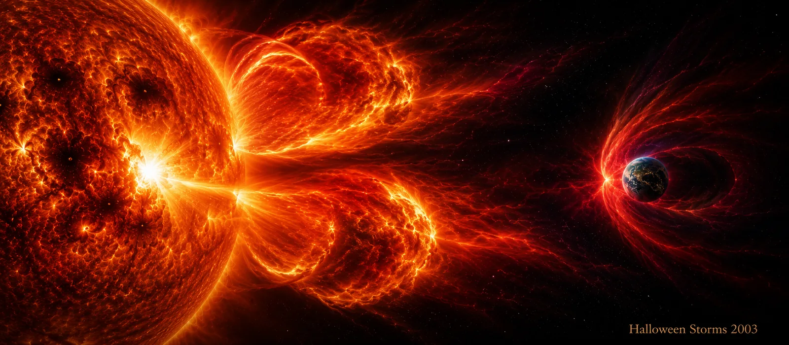 Cinematic illustration: two back-to-back eruptions from a giant active region send CMEs toward Earth — the 2003 Halloween storms.