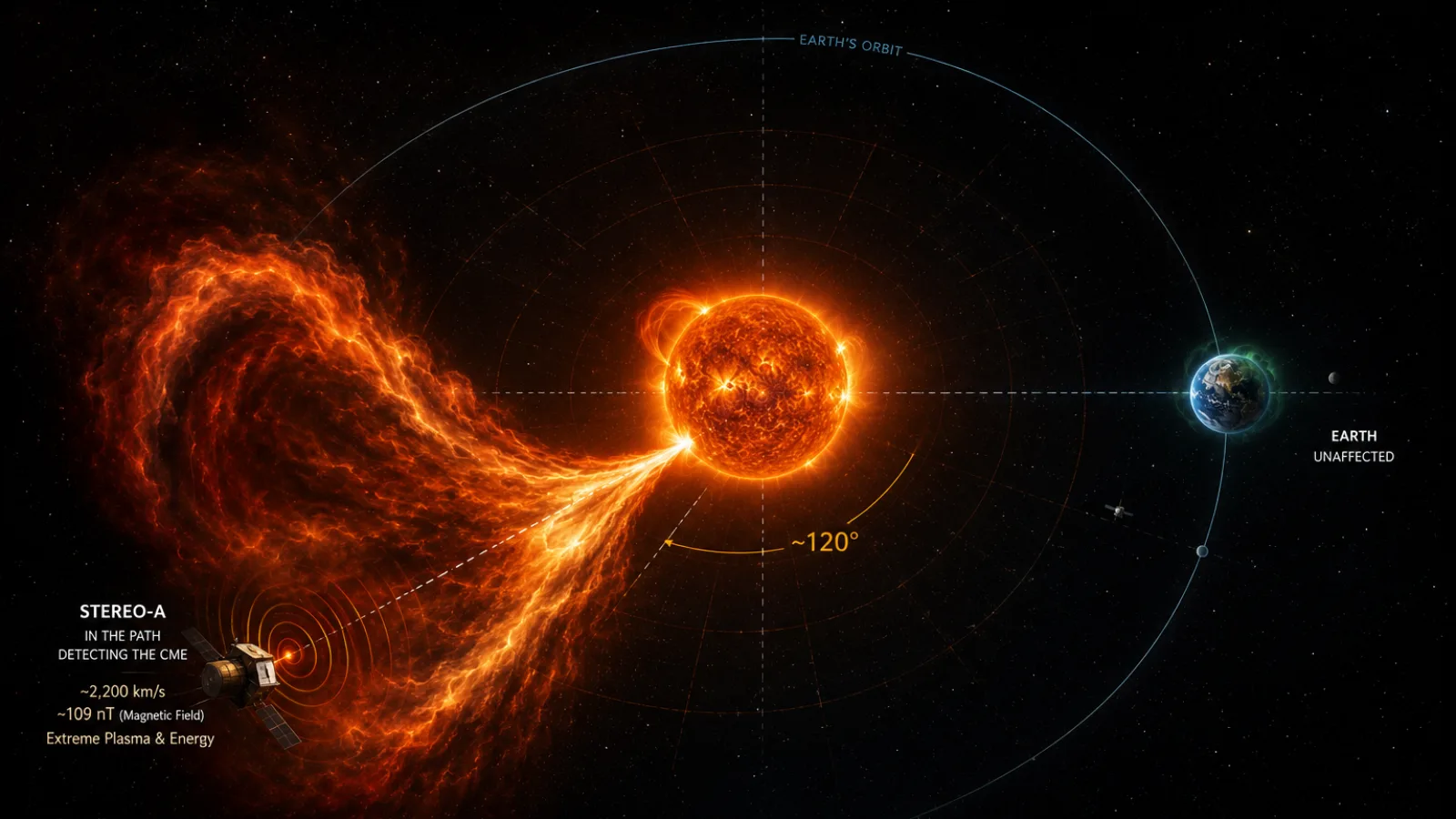 Diagram-style illustration of the July 2012 near-miss: a huge CME erupts from the Sun toward the STEREO-A spacecraft, aimed about 120 degrees away from Earth, which sits unaffected on its orbit; STEREO-A is labeled with the measured ~2,200 km/s and ~109 nT.