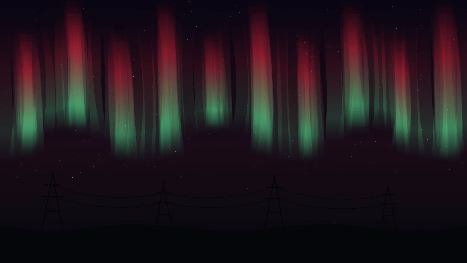Illustration: deep red and green aurora curtains filling the night sky above silhouetted high-voltage transmission towers — the March 1989 Quebec blackout storm.
