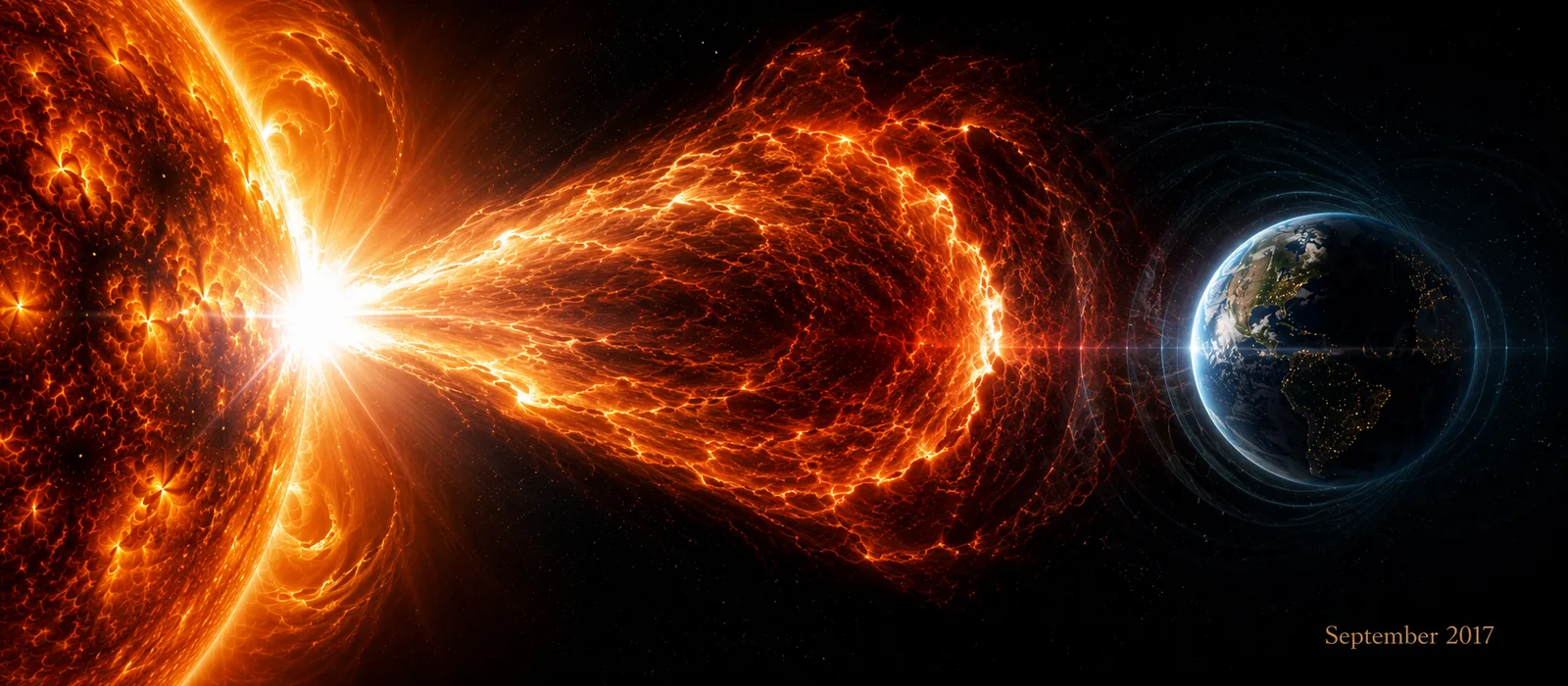 Cinematic illustration: a powerful X-class flare and CME blast from the Sun toward Earth — the September 2017 storms.