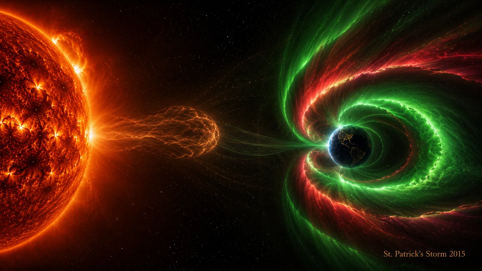 Cinematic illustration: a modest CME reaches Earth, which erupts in oversized green-and-red aurora out of proportion to the gentle storm — the 2015 St. Patrick's Day storm.