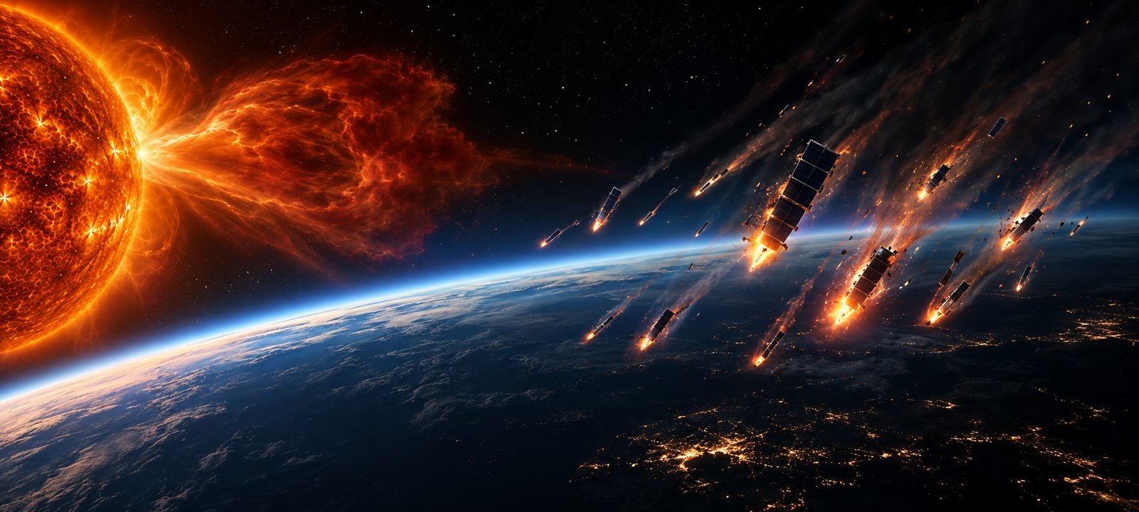 Illustration: Starlink satellites streaking and burning up as they fall back into Earth's atmosphere over the night side, with the erupting Sun in the background — the February 2022 storm-drag loss.