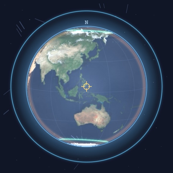 The Earth globe showing the sunlit side with the aurora oval drawn around the pole