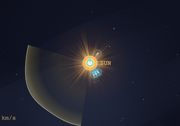 Close-up of the Sun on the map at the moment of a Type III radio burst: teal spikes and rings at the Sun's edge beside a CME wedge labelled 666 km/s