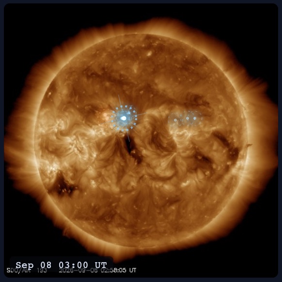 The Sun panel: an SDO image of the solar disk with numbered active regions ringed